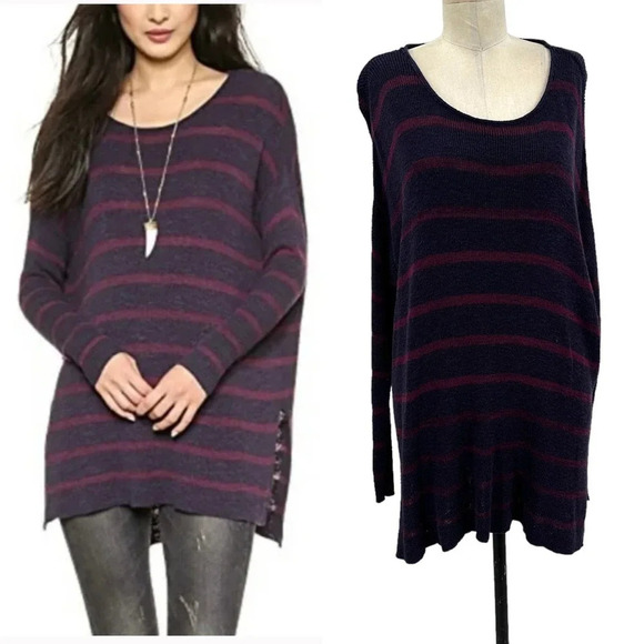 Free People Shipping News‎ Tunic Sweater Navy Blue Stripe Size Small - Picture 1 of 12